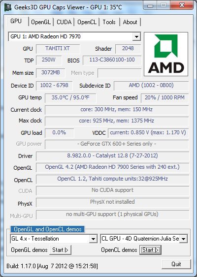 AMD Catalyst 12.8, GPU Caps Viewer + MSI Radeon HD 7970