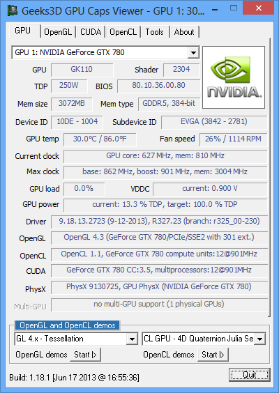 NVIDIA GeForce Driver, GeForce GTX 780 and GPU Caps Viewer