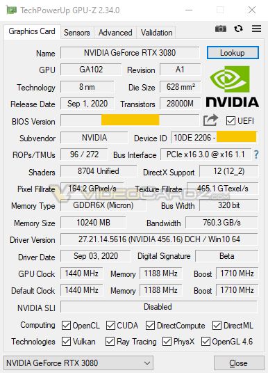 NVIDIA Geforce RTX 3080 GPU-Z